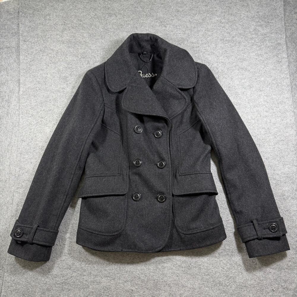 Vintage Guess Wool Peacoat Womens M Charcoal Gray Double Breasted Notched Lapel